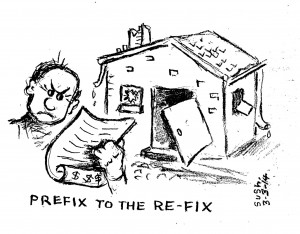 cartoon drawing of a man, repair bill, and house with broken parts