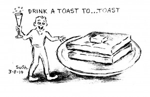 cartoon drawing of a man with champaign standing next to giant plate of toast