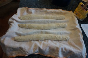Took a break from whole grain breads and tried my hand at traditional baguettes. "Almost No Knead Baguettes" from Breadtopia site . (Good for July 4, Independence Day because of the French role in the American Revolution.) 20150715.